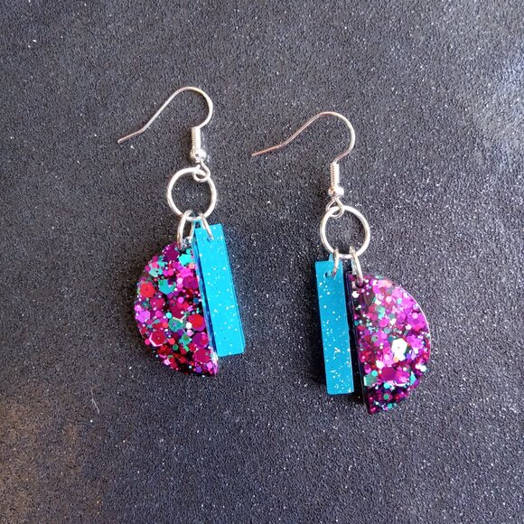 Sterling silver blue and purple glitter geo art deco dangle earrings new resin - Picture 4 of 6